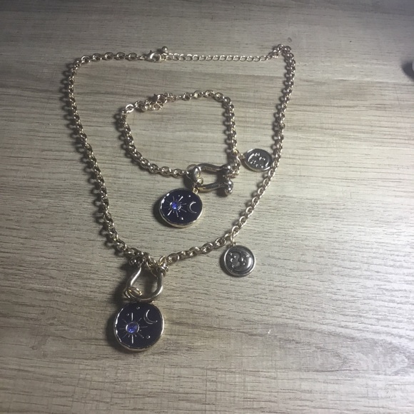 Gold and Blue Rhinestone Star Crescent Toggle Moon Pendant Necklace Bracelet Set - Picture 5 of 10